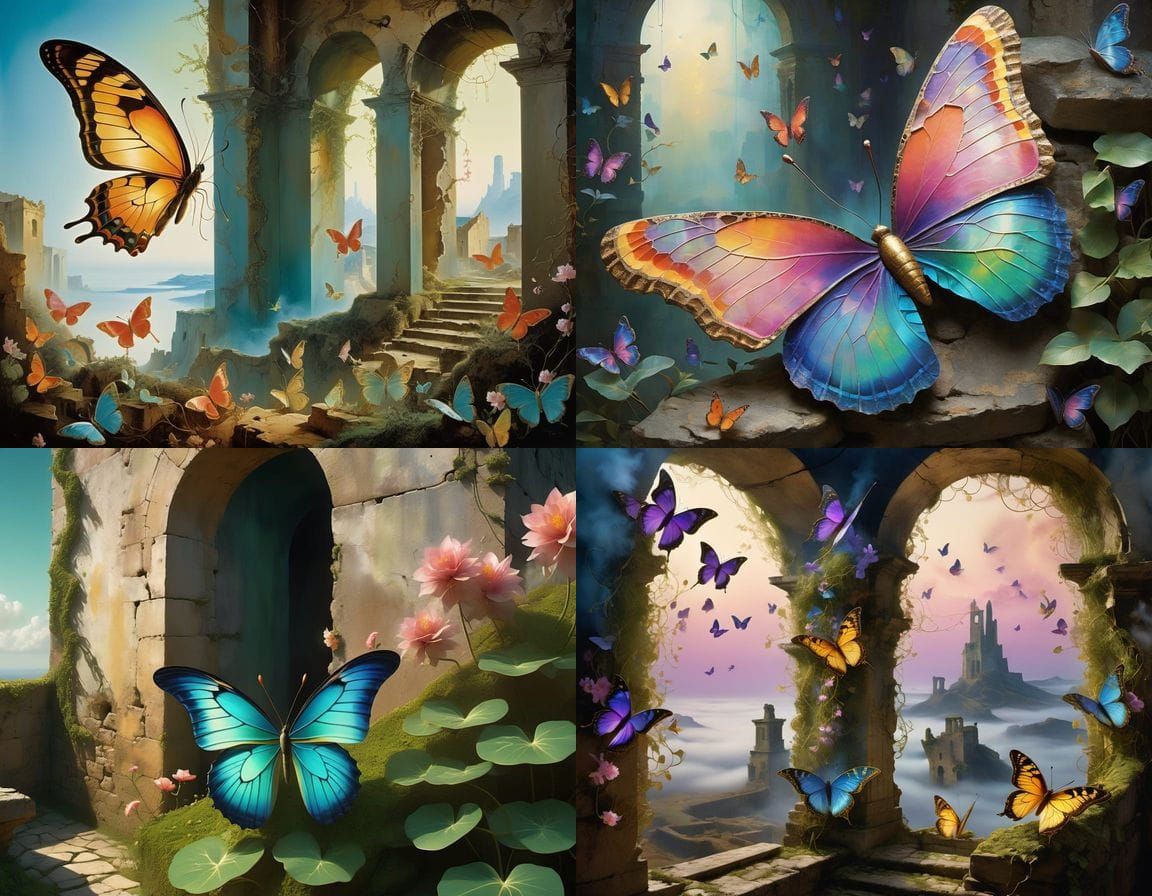 Ethereal Butterflies Dance Among Ancient Ruins in Vibrant Su...