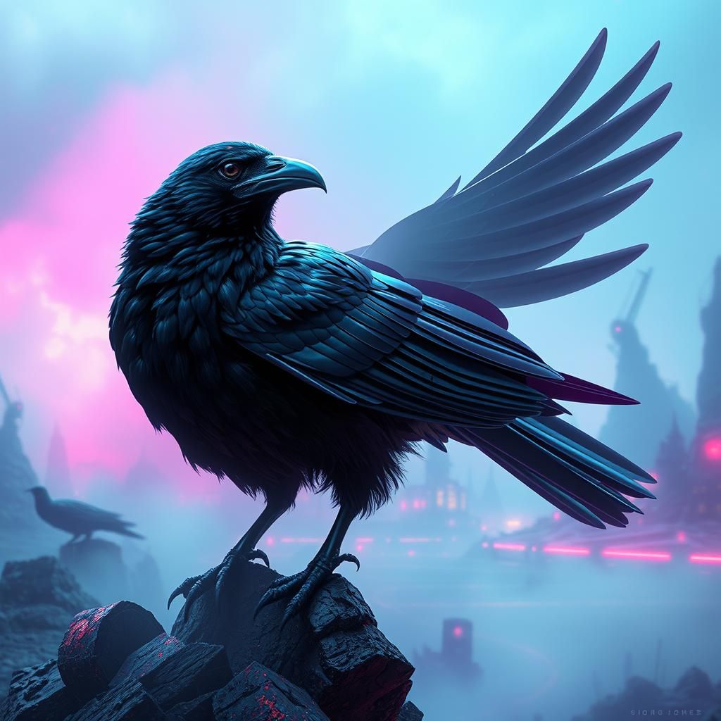 Majestic Crow in Surreal Neon Landscape