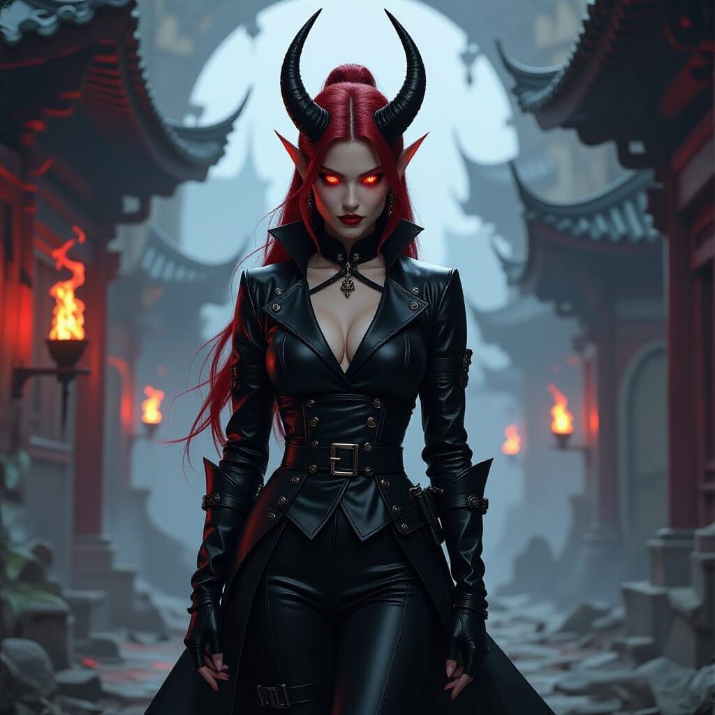 Tiefling Alchemist in Arcane Ruins: Fantasy Illustration