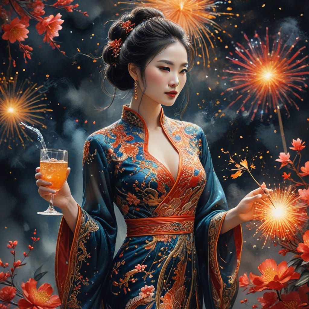 Snake in Chinese Regalia at a Vibrant Party with Fireworks