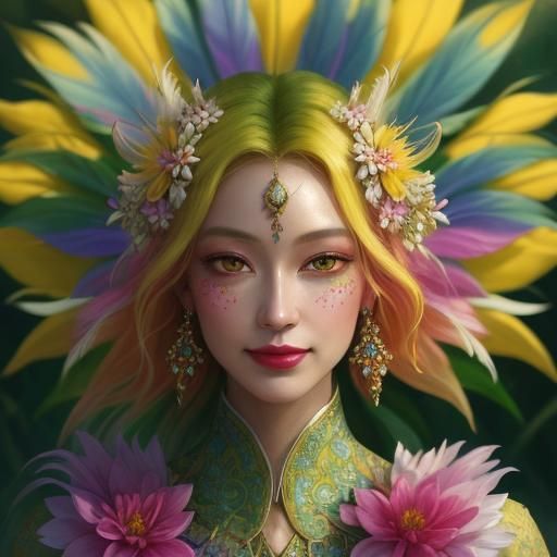 Ethereal Woman with Feathers and Flowers