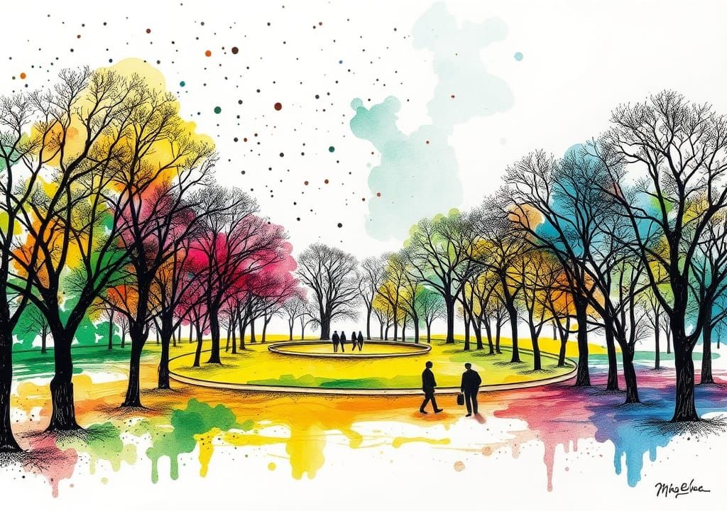 Park Scene with People in Ink Splatters