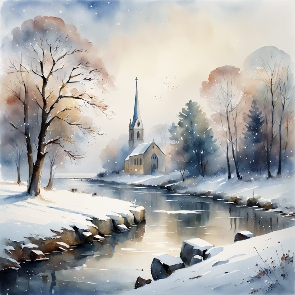 Serene Watercolor Winter Scene of Falmer Church in Snow