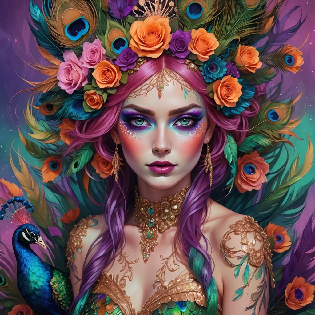 Stunning Woman with Rose Gold Skin and Peacock Feathers