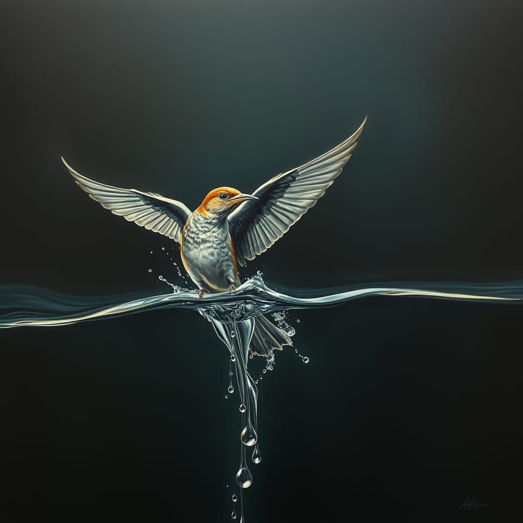 Surreal Nightingale Emerges from Water in a Dreamlike Scene