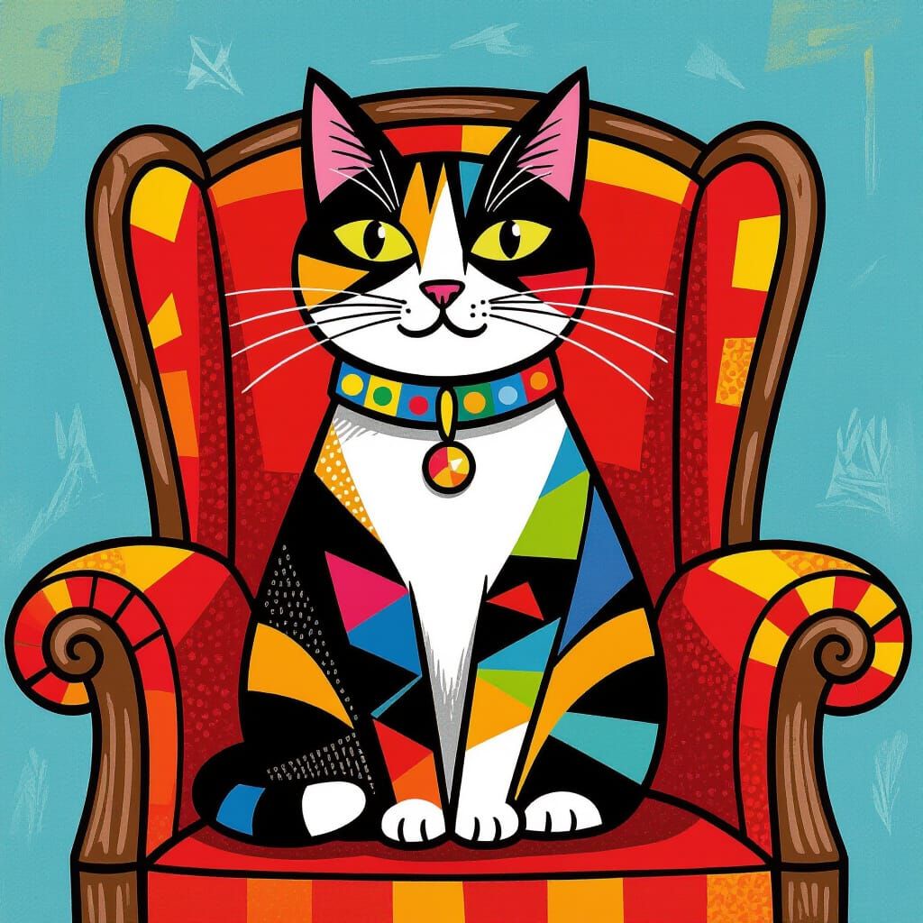 Whimsical Cat on Armchair in Folk Art Style