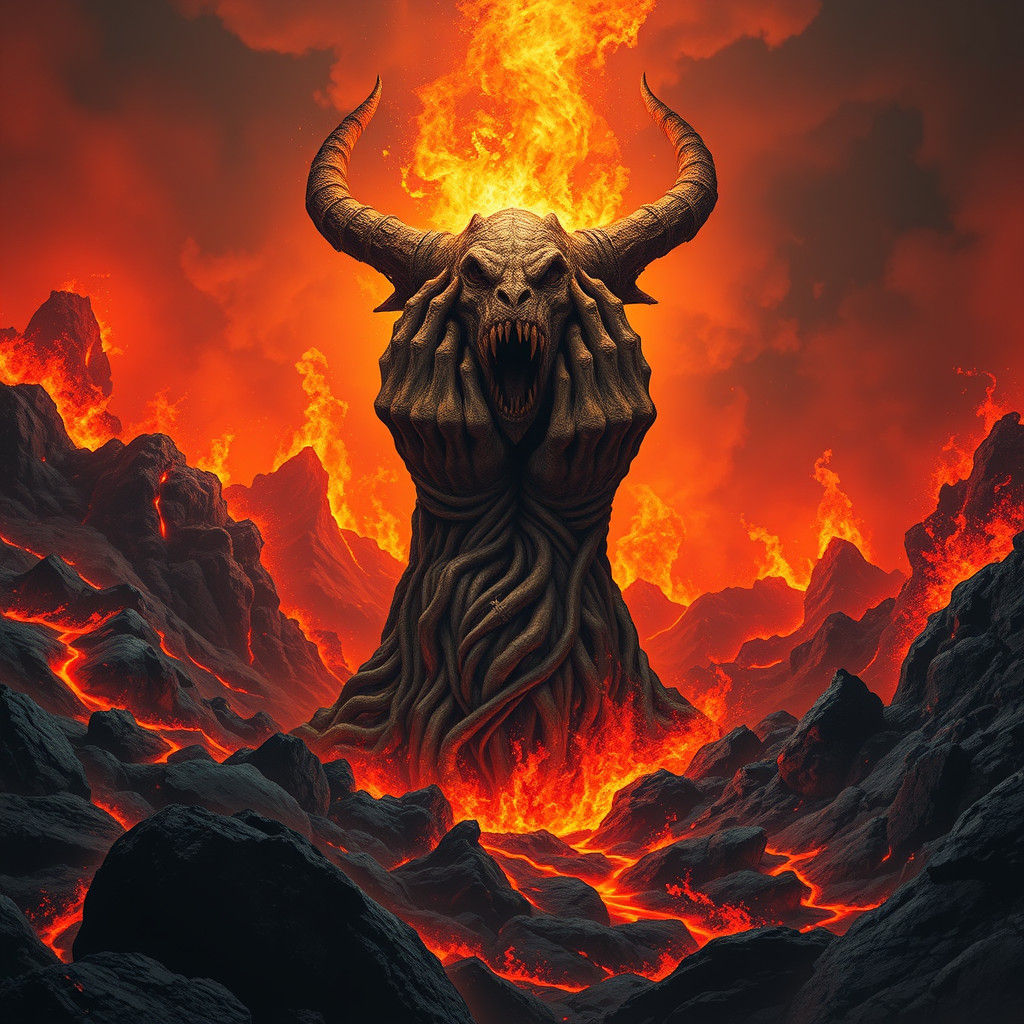 Infernal Demon God Emerges from Volcanic Landscape