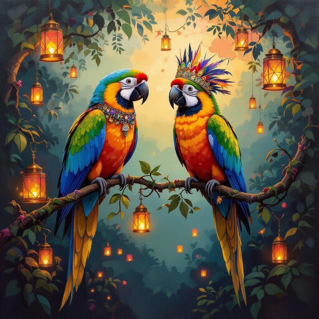 Two Parrots Above Jungle Masquerade in Afro-Surrealist Style