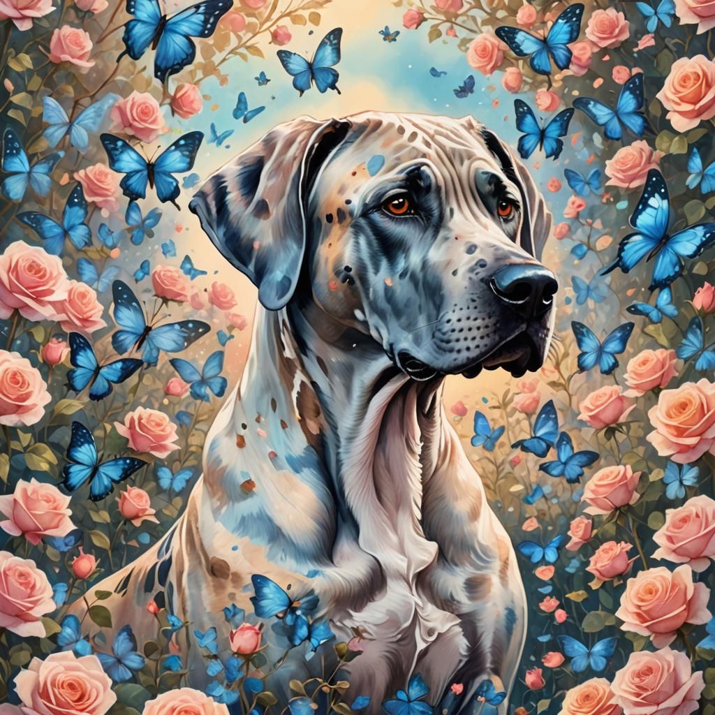 Great Dane in Rose Field, Anime Watercolor Style