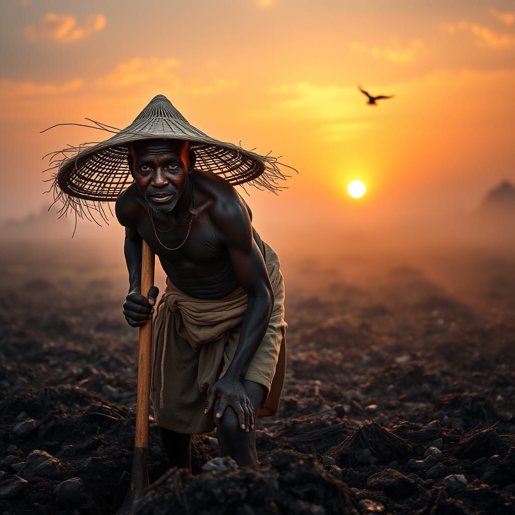 African Farmer Basks in Dawn's Golden Light