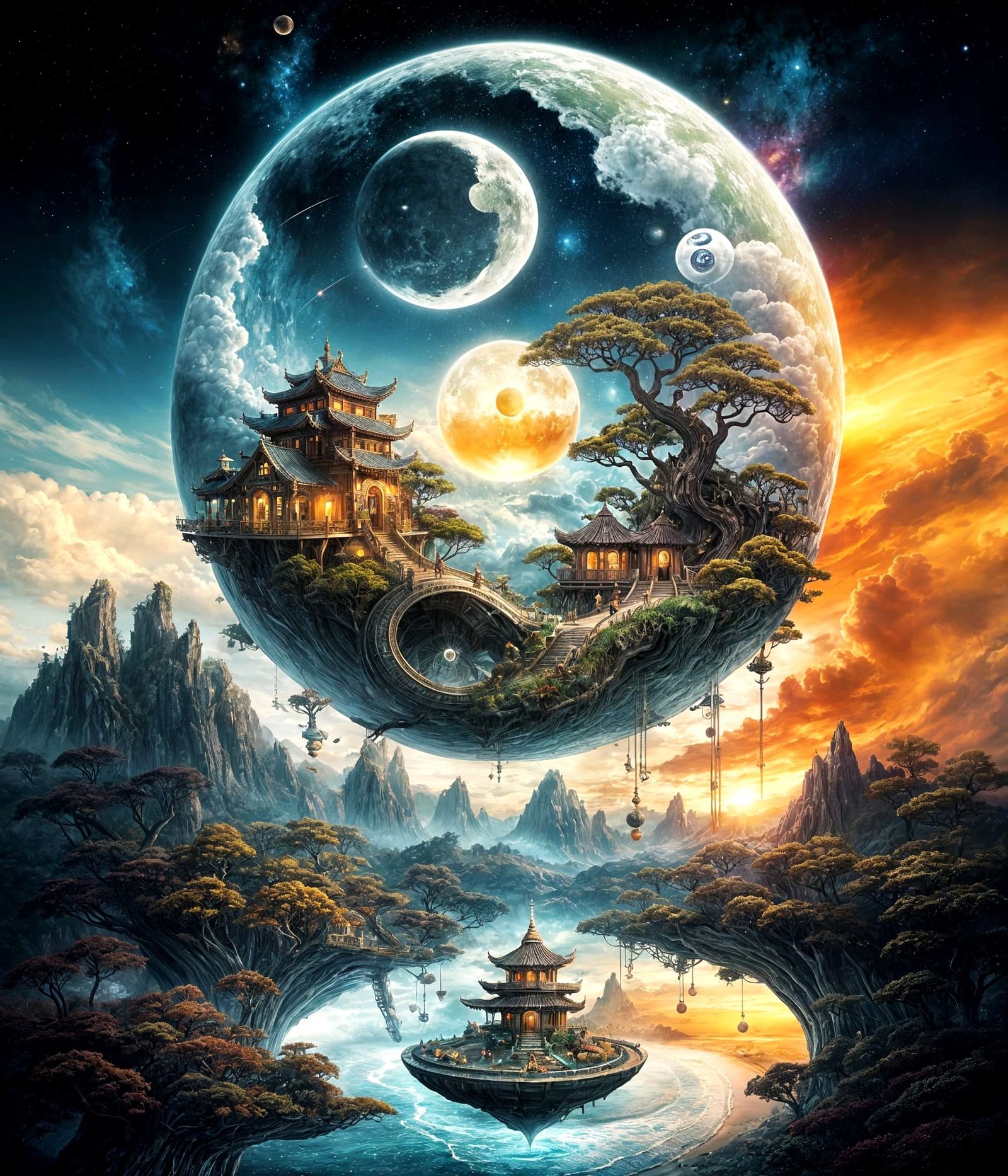 Surreal Yin Yang Sunset Over Galaxy Planet