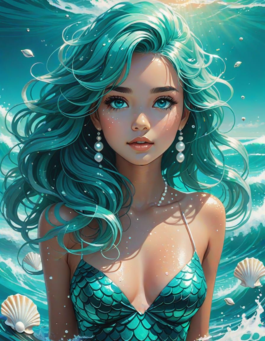 Mermaid Emerging from Turquoise Waves in Digital Painting