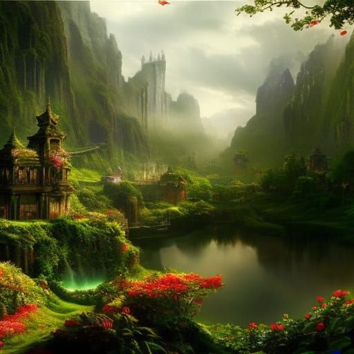 Pirate Ship Arriving in Lush Jungle with Roses