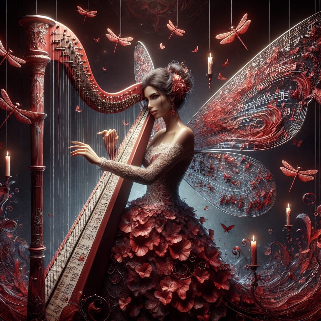 Ethereal Art Nouveau Harpist in Crimson Splendor