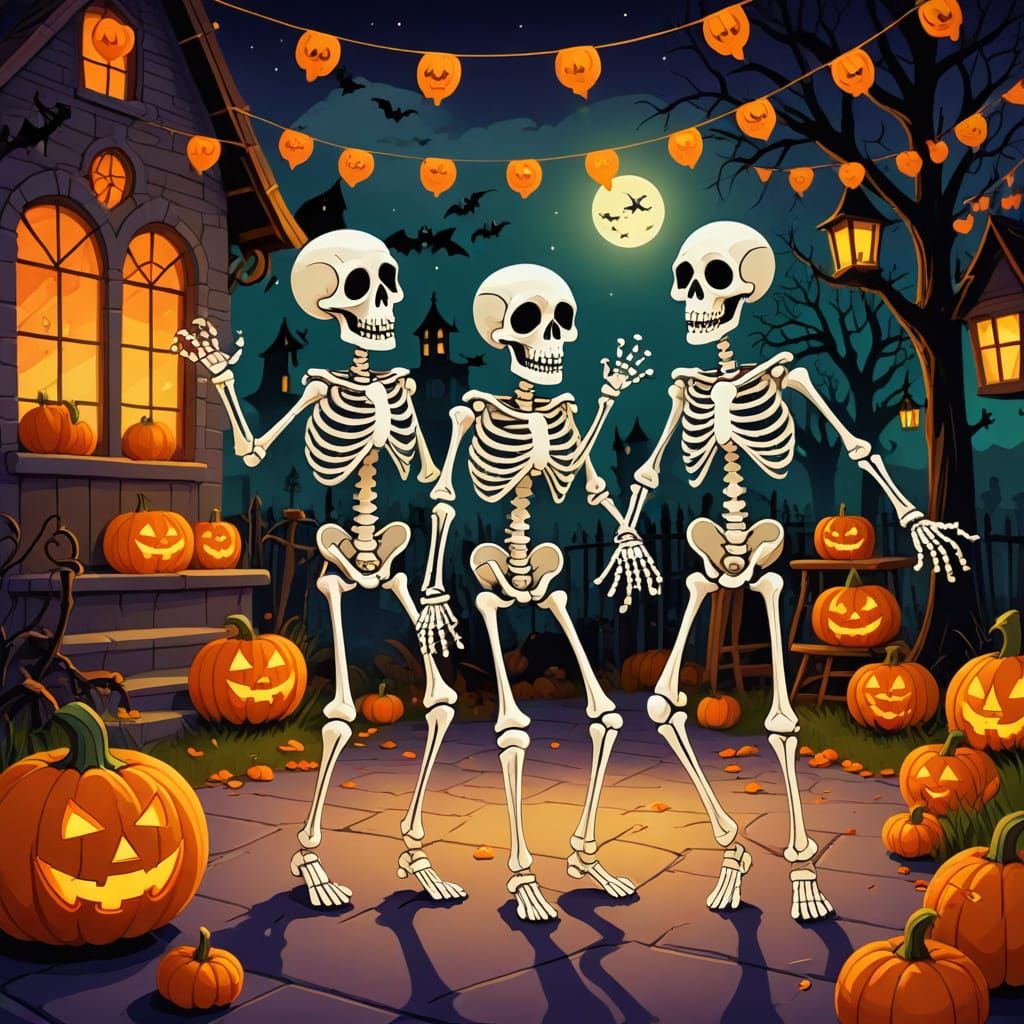 Skeletons In Silly Halloween Costumes Dancing