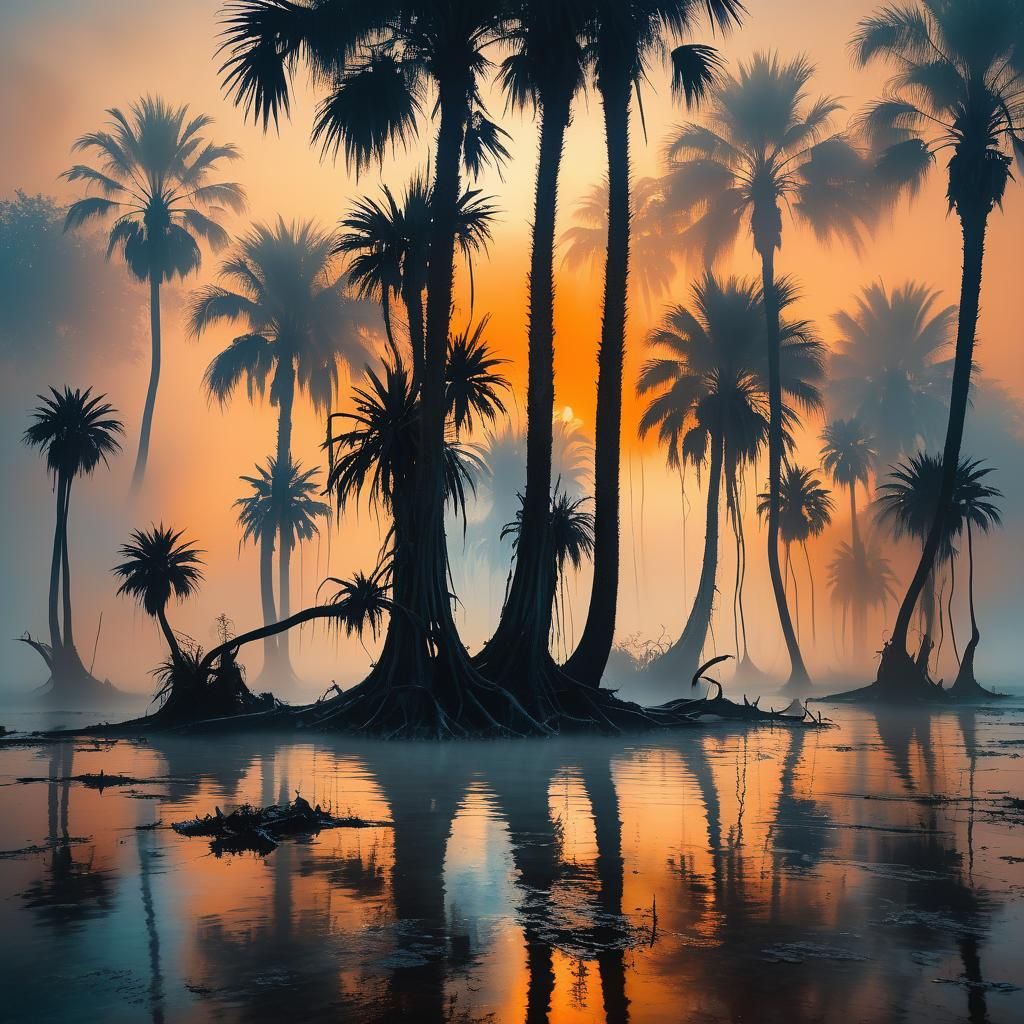 Eerie Palm Trees in Mist: Dark Surrealism Sunset