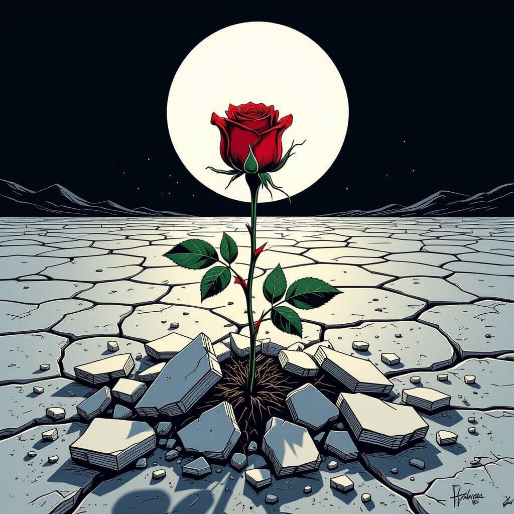 Rosebud Emerges From Ceramic Shards Under Pale Moon