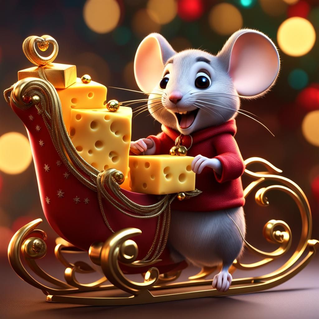Festive Mouse on Santa Sleigh in 3D Digital Art