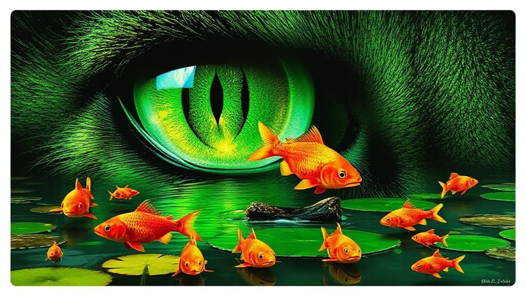 Vibrant Cat Dances with Fractals in a Psychedelic Pond Scene