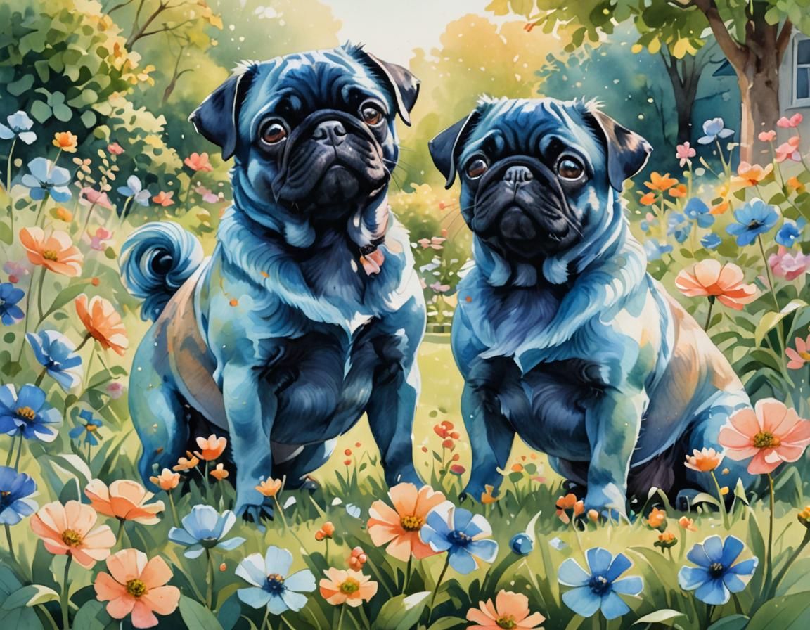Blue Pugs Play in Whimsical Pastel Garden