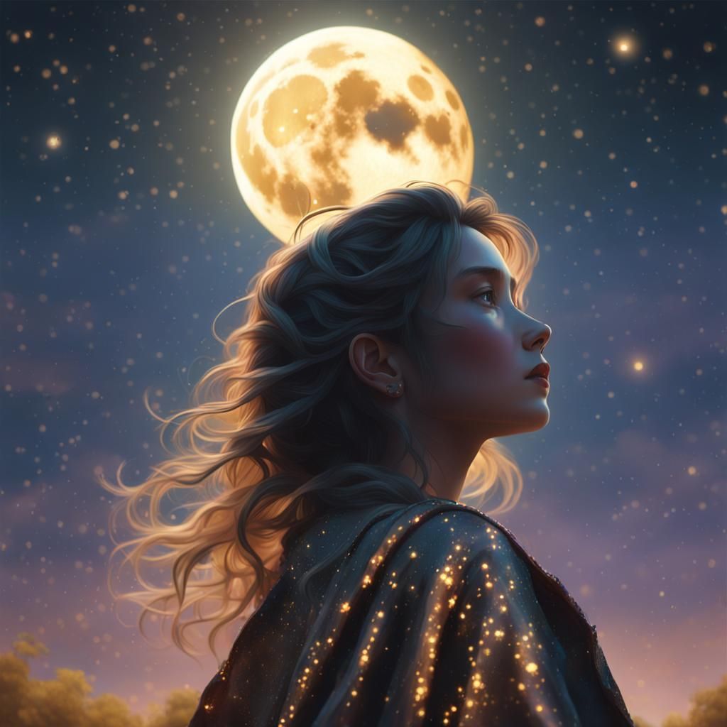 Person Gazing at Moon in Hyperrealistic Style