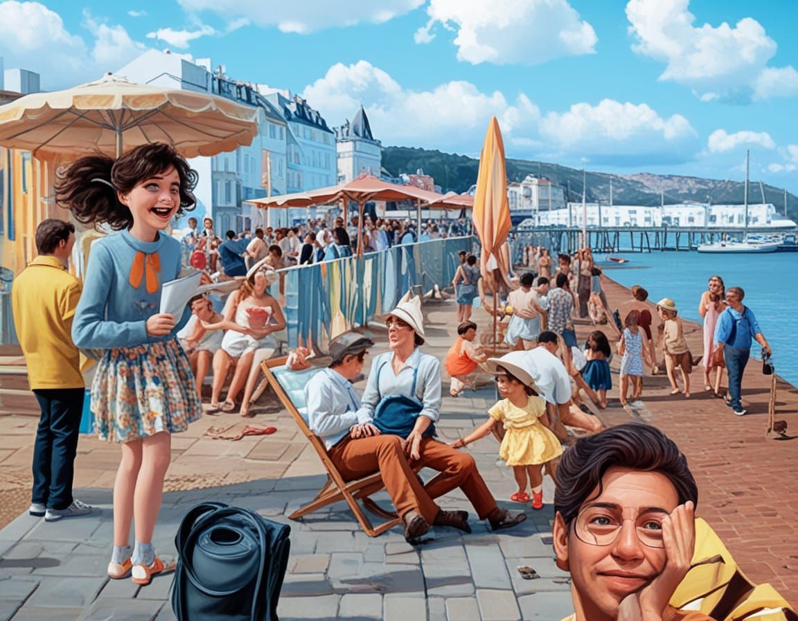 Vintage Caravans on Sunny Promenade in Retro Illustration