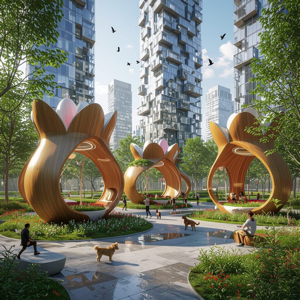 Futuristic Urban Park with Organic Flower Pots