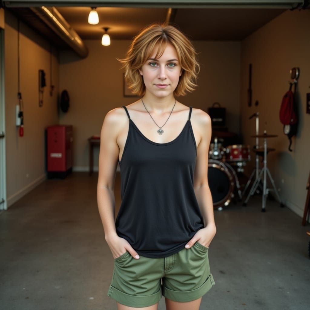Young Woman in Dimly Lit Garage, Drumset in Background