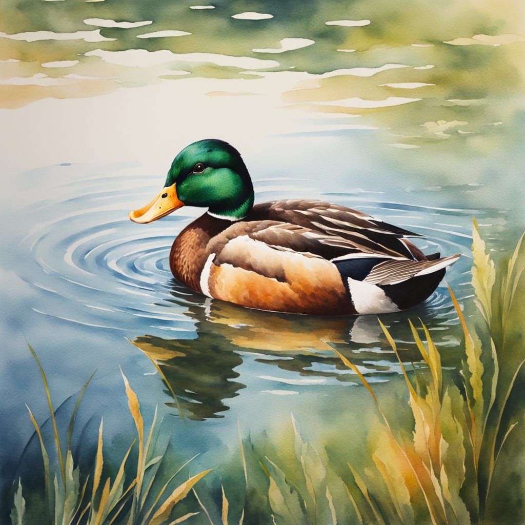 Duck Swimming in Lake: Watercolour Painting