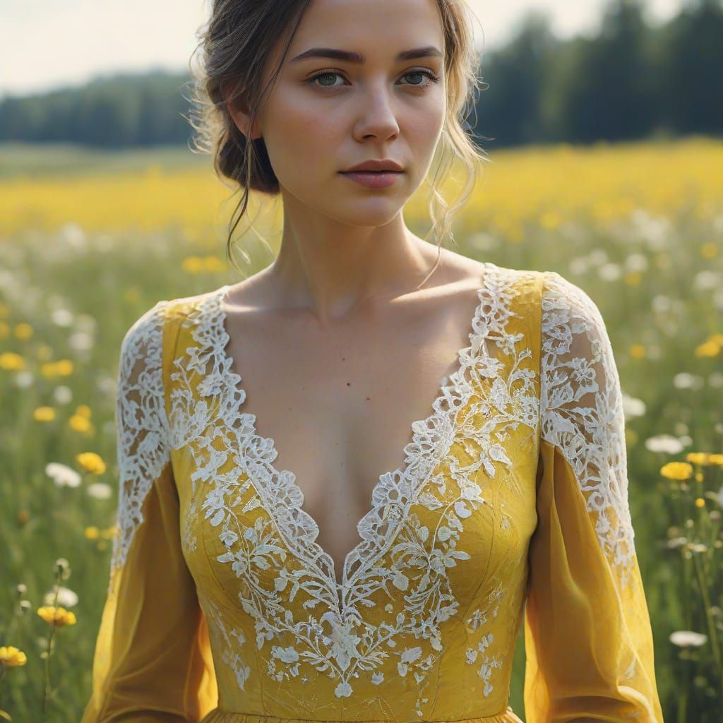 Woman in Yellow Gown in Meadow: Watercolor Ink-Style