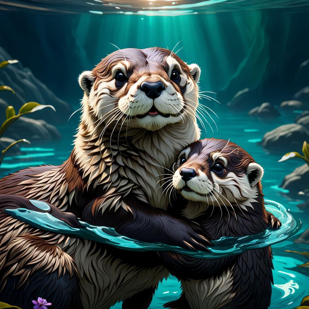 Mother and Baby Otter: Detailed Matte Painting