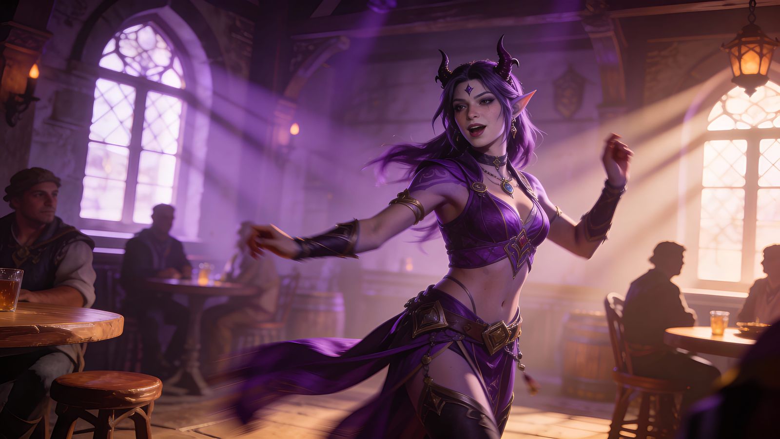 Tiefling Bard Sings to Uninterested Crowd in Fantasy Tavern