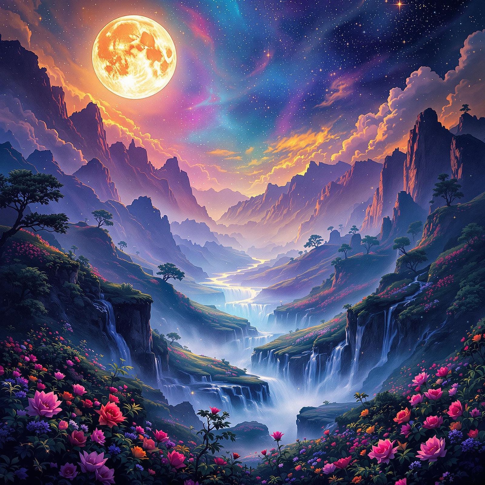 Lush Moonlit Landscape with Rivers and Waterfalls