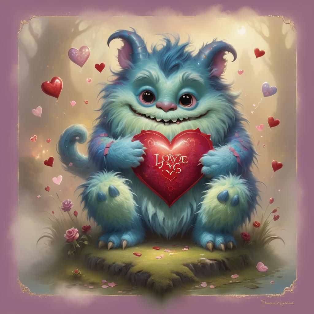 Cute Monster with Valentine in Ethereal Style