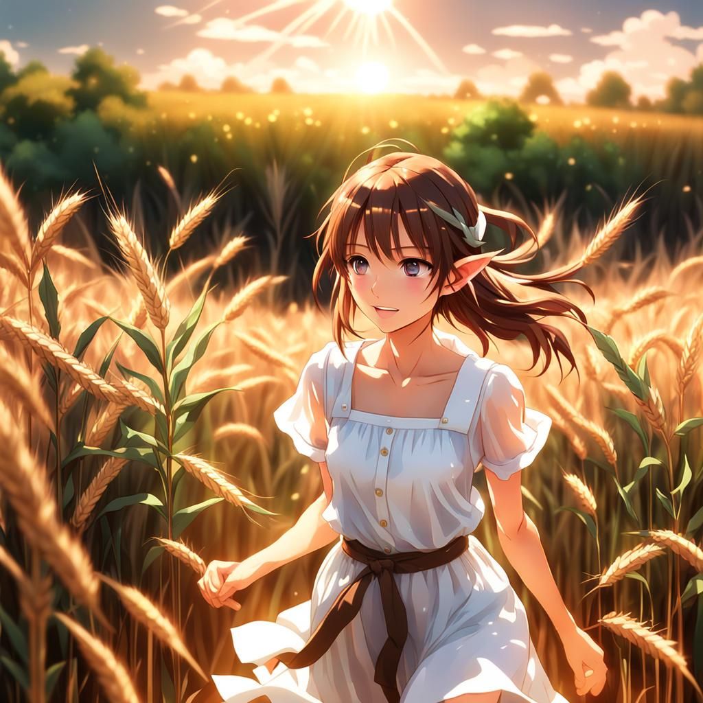 Elf Girl in Wheat Field, Anime-Inspired 3D Art