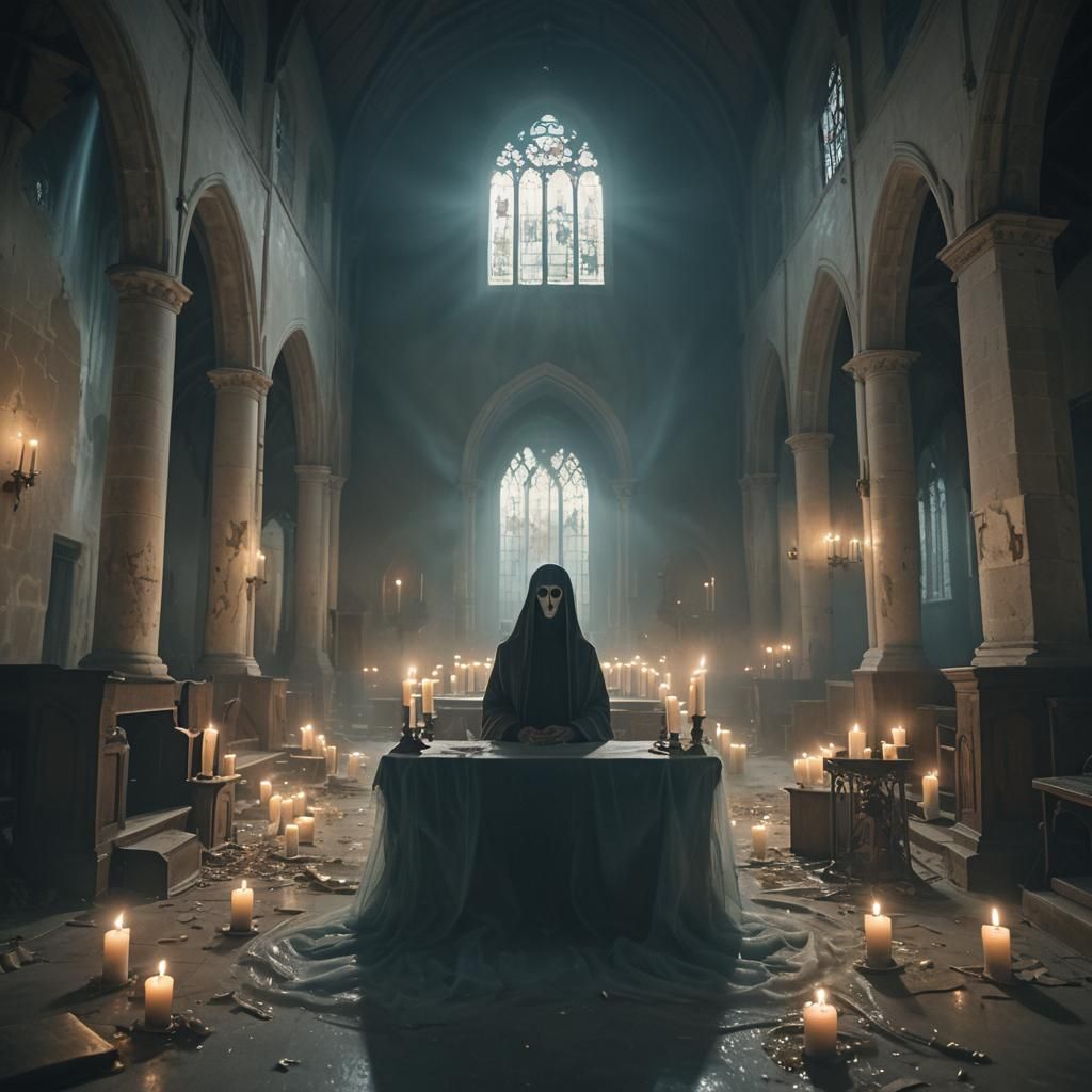 Ethereal Ghost in Abandoned Church, Cinematic Still