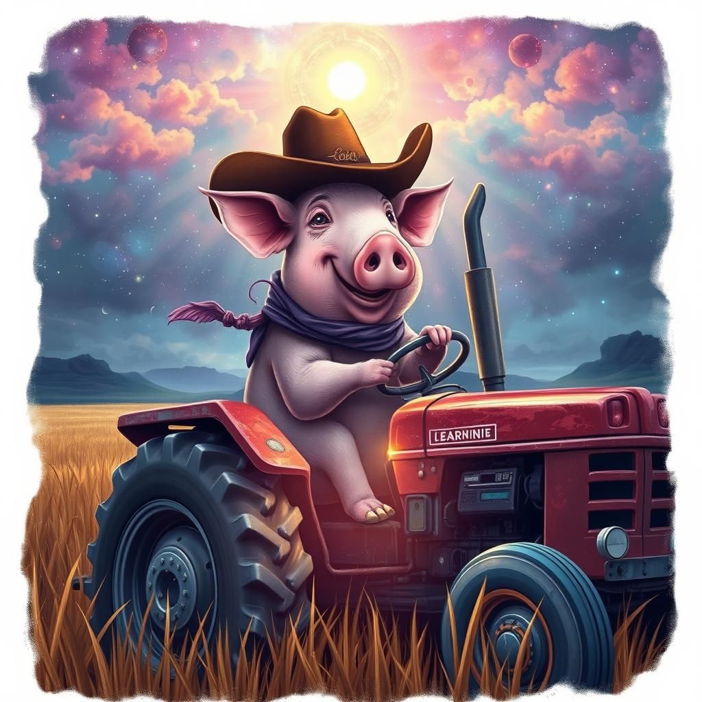 Cowboy Pig Drives Tractor: Cosmic Illustration