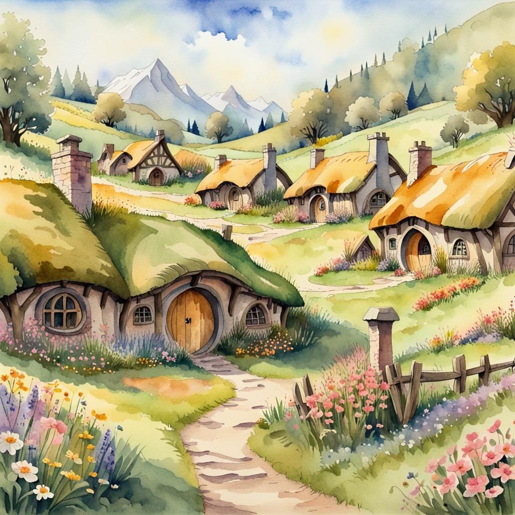 Charming Hobbit Village in Watercolor
