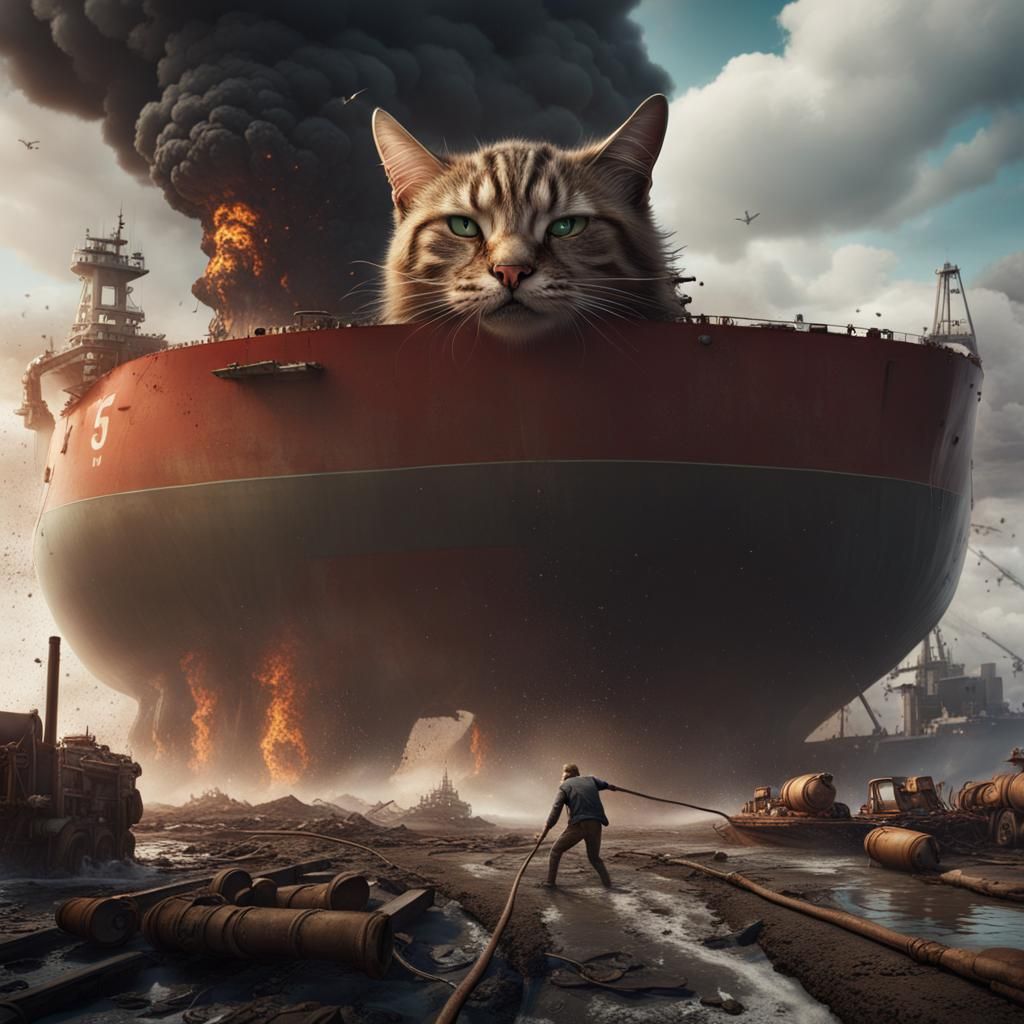 Giant Cat Smashes Oil Tanker: Detailed Matte Painting