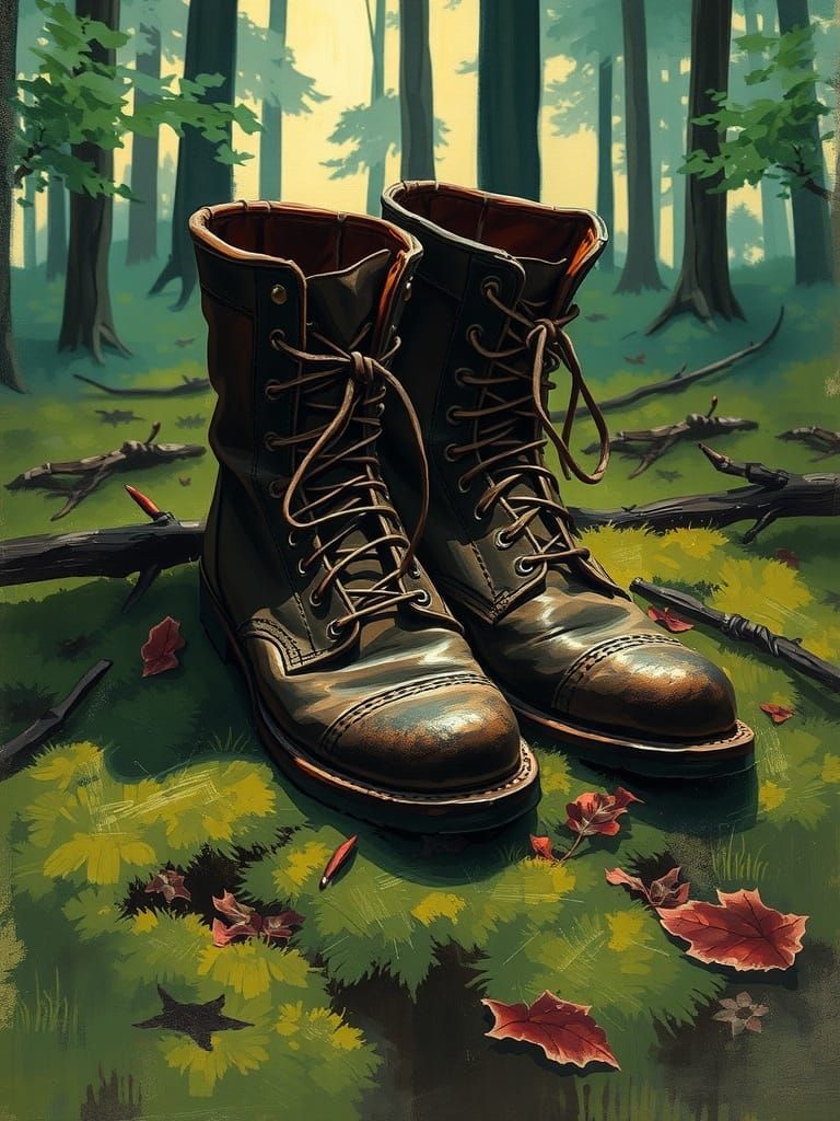 Worn Leather Boots on Forest Floor Abstract Art