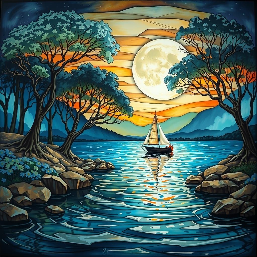 Peaceful Lakeside Scene at Dusk with Rising Moon