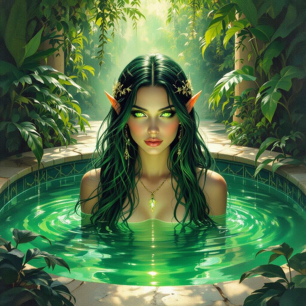 Ethereal Fae Woman Emerges from Enchanted Pool