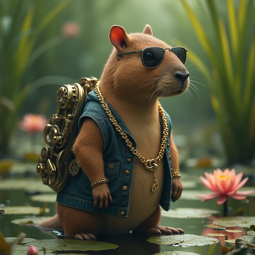 Capybara's Futuristic Fashion in Lush Wetlands