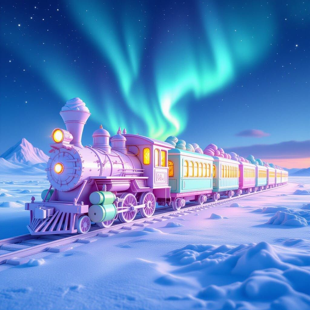 Fantastical Ice Cream Train Under Aurora Borealis