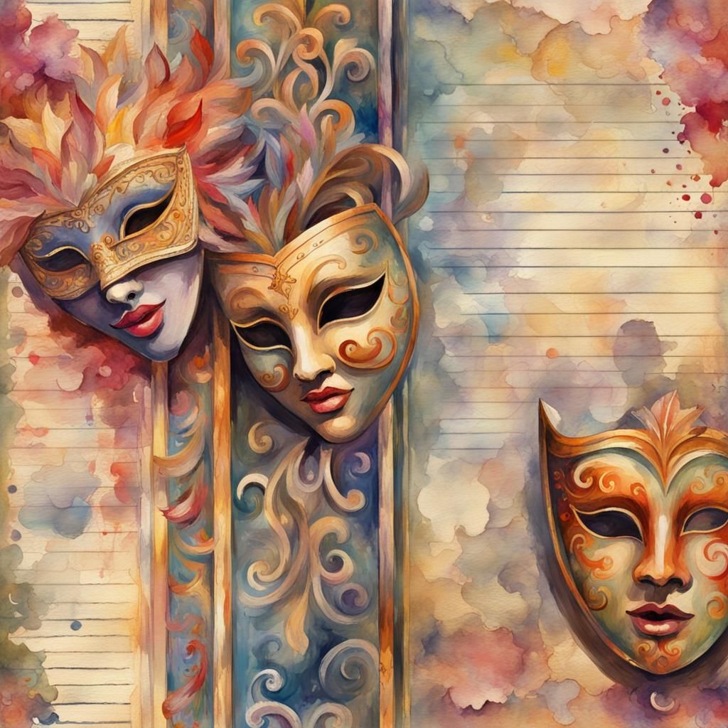 Carnival Mask Border in Gouache Watercolor Style