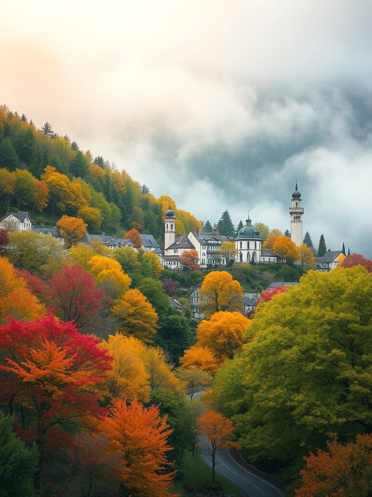 Misty Village Landscape in Impressionistic Watercolor Style