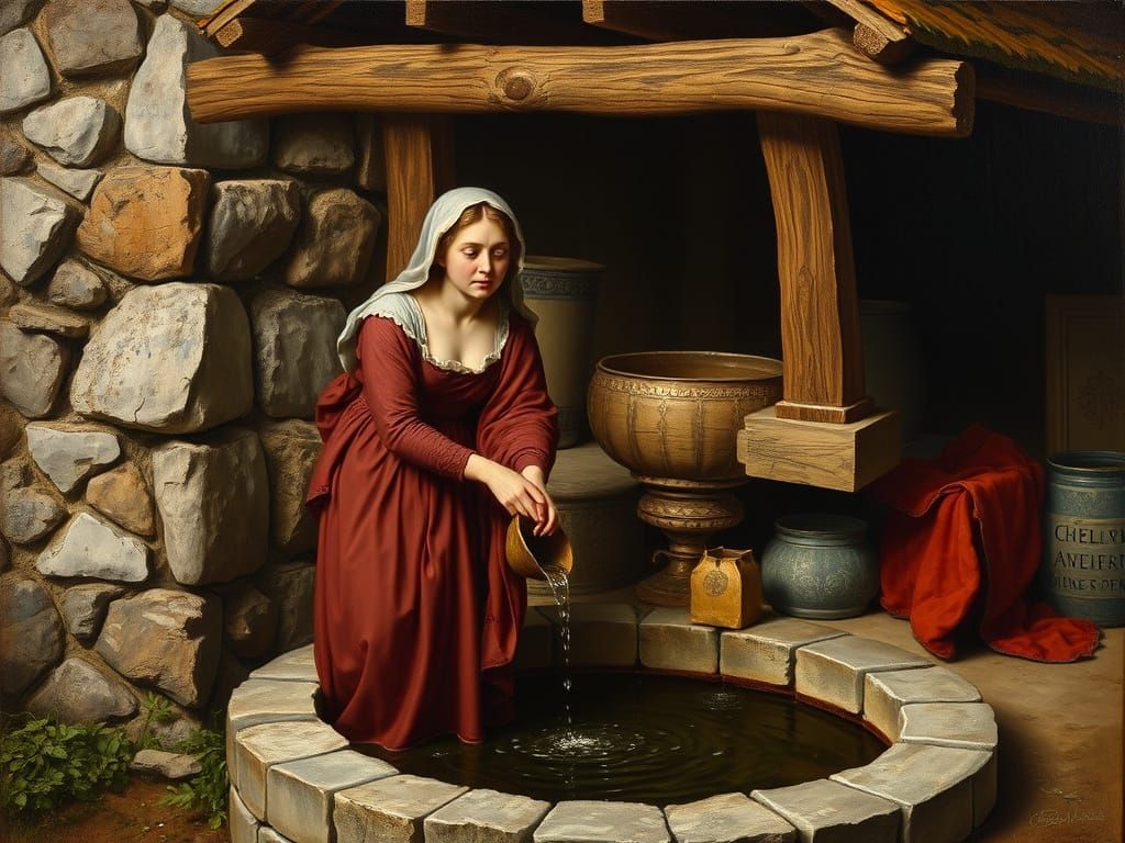 Medieval Woman Drawing Water in Baroque Style Oil Painting