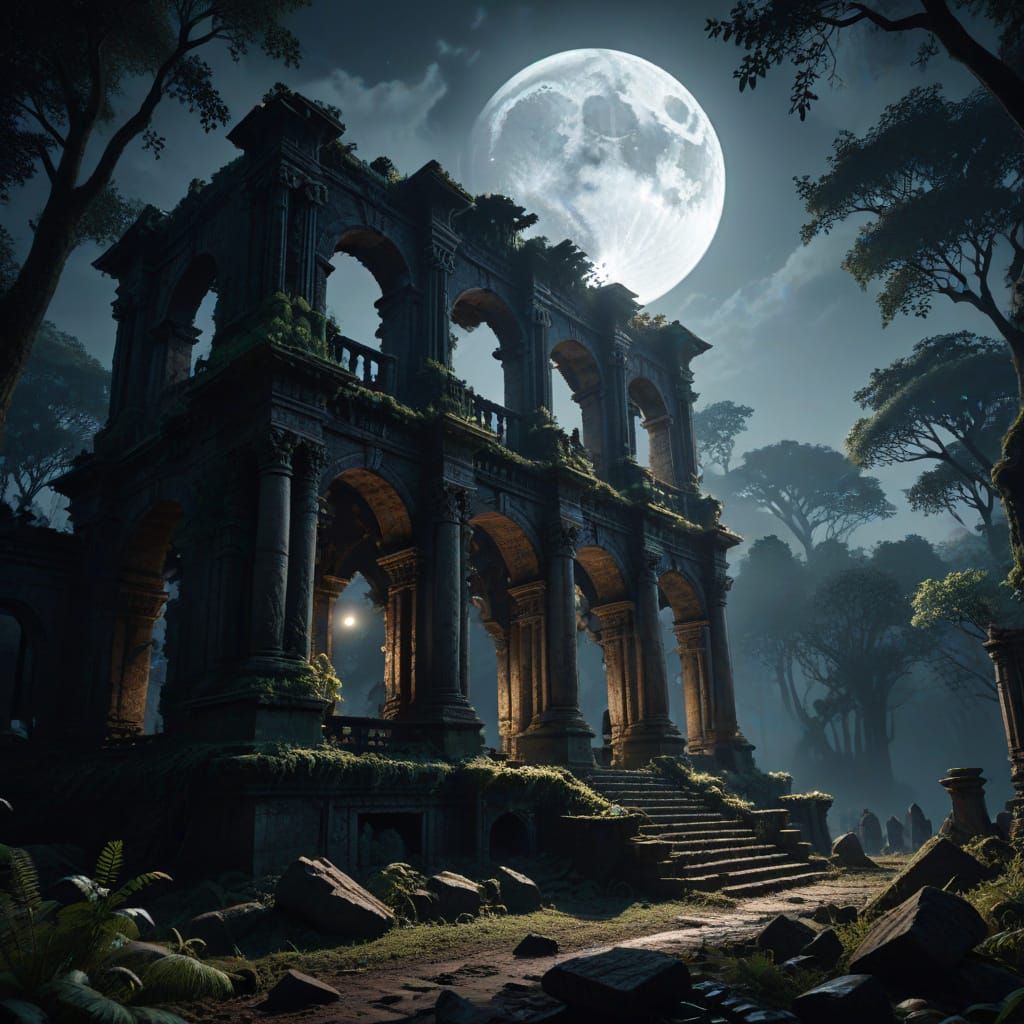 Moonlit Mystical Ruins in Dark Fantasy Style