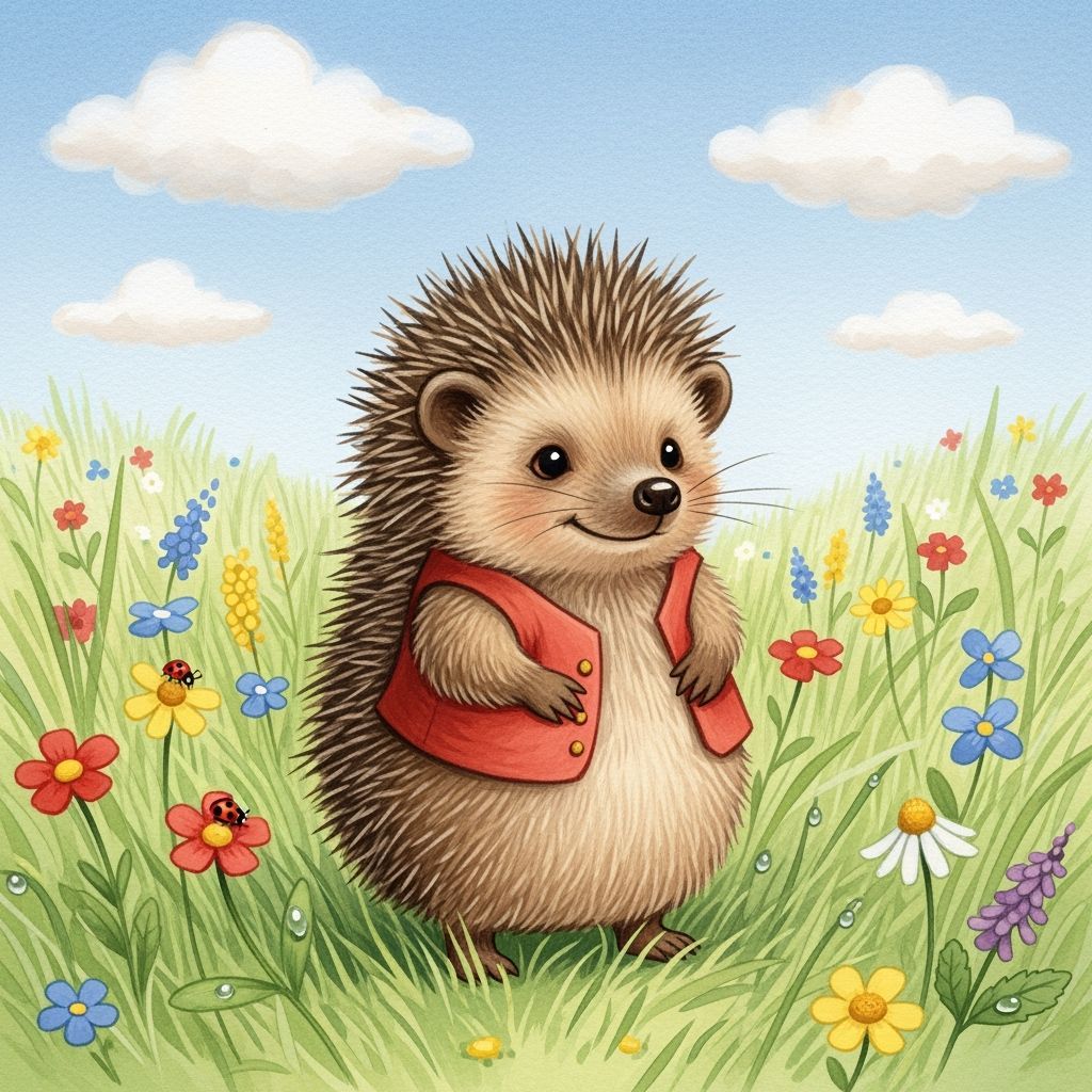 Harold the Hedgehog in a Watercolor Meadow, Whimsical Style