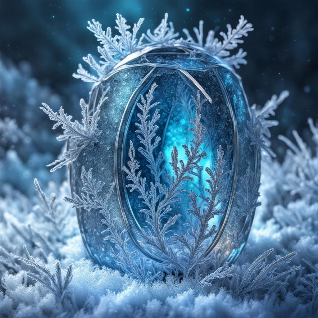 Frost Patterns on Blue Glass in Macro Photography